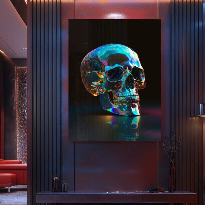 Quadro Decorativo - Crânio Colorido: Arte Urbana Vibrante - quadros decorativos para sala 1 Tela Vertical, 3 Telas - em ambiente decorado