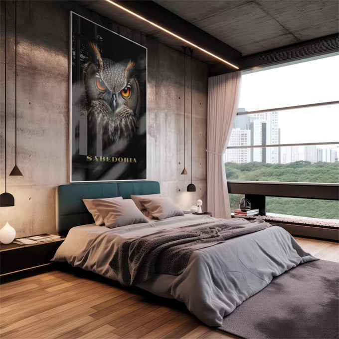 Quadro Decorativo Coruja da Infinita Sabedoria - quadros decorativos 1 Tela Vertical, 3 Telas - em sala moderna