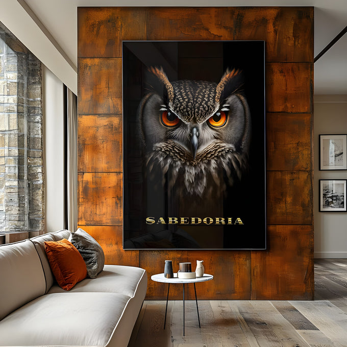 Coruja realista de frente com olhos âmbar em fundo preto e a palavra Sabedoria em dourado, quadro decorativo