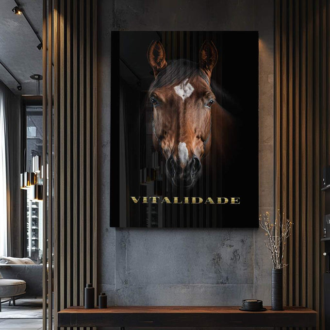 Quadro Decorativo Vitalidade do Cavalo Branco em Movimento - quadros decorativos para sala 1 Tela Vertical, 3 Telas - em ambiente decorado