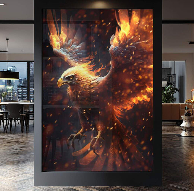 Quadro Decorativo Águia em Chamas: Poder e Liberdade - quadros decorativos para sala 1 Tela Vertical, 3 Telas - em ambiente decorado