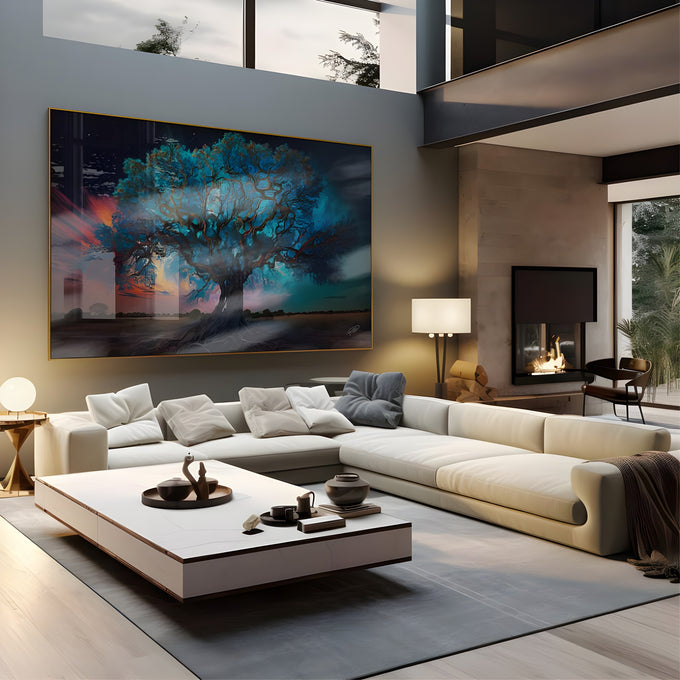 Árvore da vida com copa azul turquesa, céu estrelado e nuvens alaranjadas sobre campo, quadro decorativo