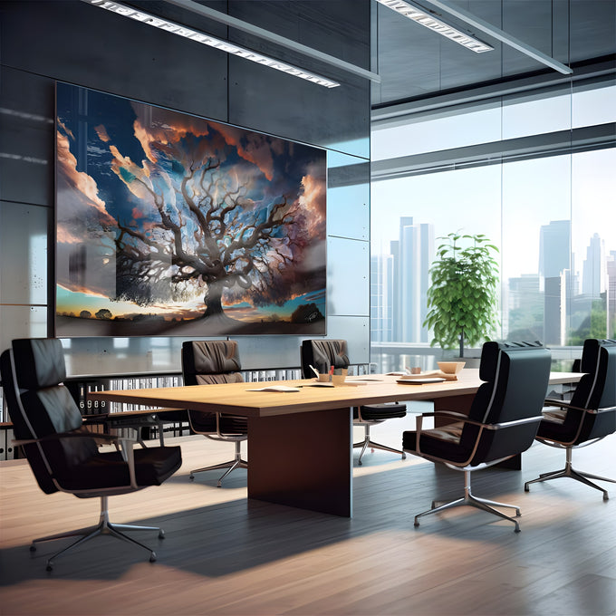 Árvore majestosa de galhos retorcidos contra céu azul e nuvens laranja ao pôr do sol, quadro decorativo
