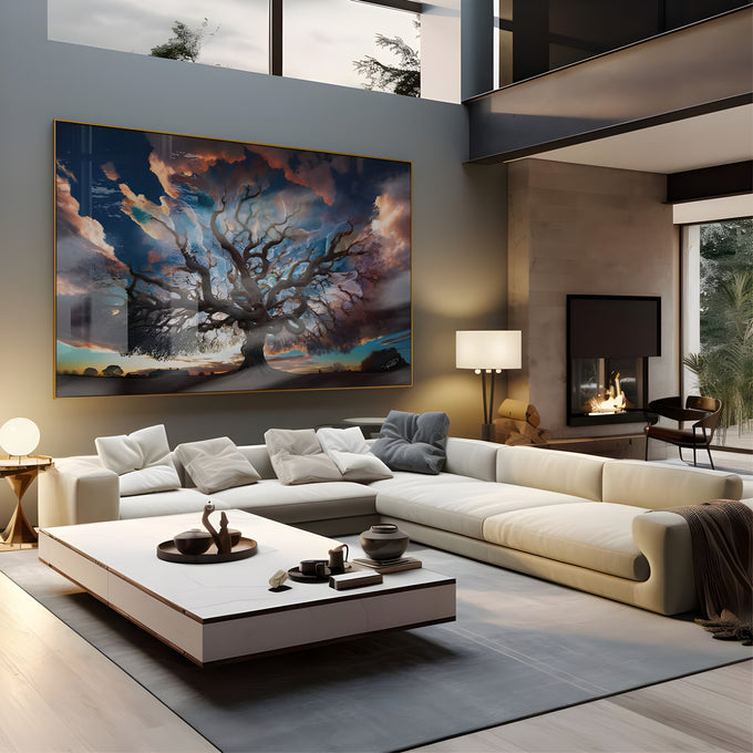 Árvore majestosa de galhos retorcidos contra céu azul e nuvens laranja ao pôr do sol, quadro decorativo