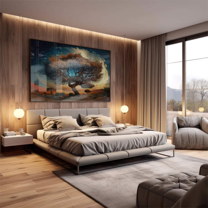 Quadro Decorativo Árvore da Elegância: Sinônimo de Paz - quadros decorativos 1 Tela, 1 Tela Horizontal - em escritorio elegante