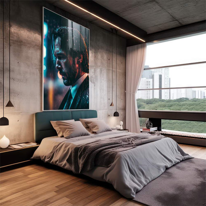 Quadro Decorativo: Reflexão Sutil em Noite Chuvosa - quadros decorativos 1 Tela Vertical, 3 Telas - em sala moderna