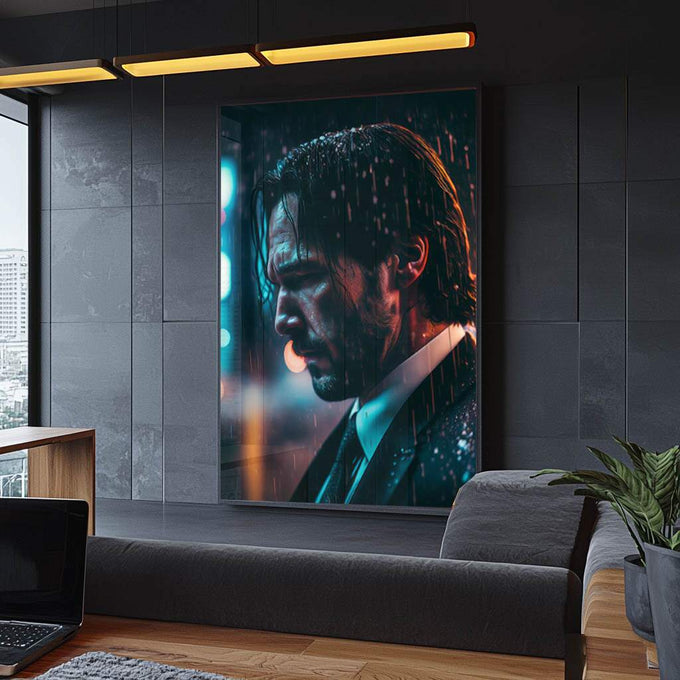 Quadro Decorativo: Reflexão Sutil em Noite Chuvosa - quadros decorativos para sala 1 Tela Vertical, 3 Telas - em ambiente decorado