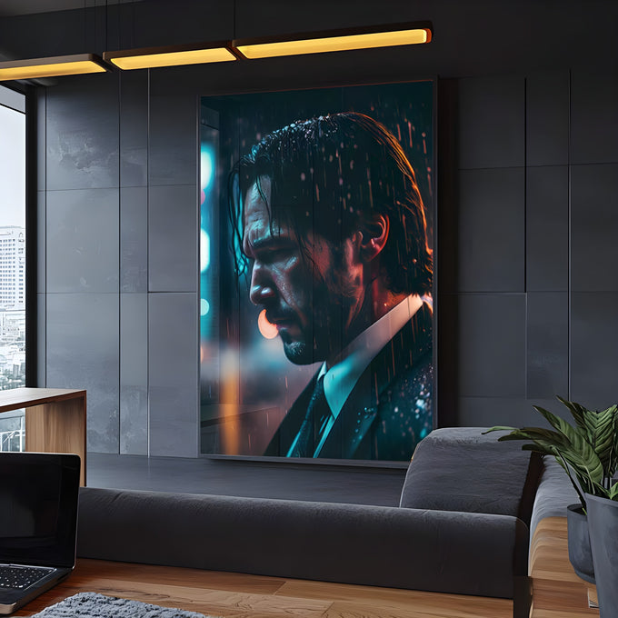 Homem de terno e cabelo molhado de perfil sob chuva com luzes neon azuis e laranja, quadro decorativo
