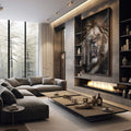 Quadro Decorativo: Majestade do Leão Selvagem - quadros decorativos 1 Tela Vertical, 3 Telas - em sala moderna