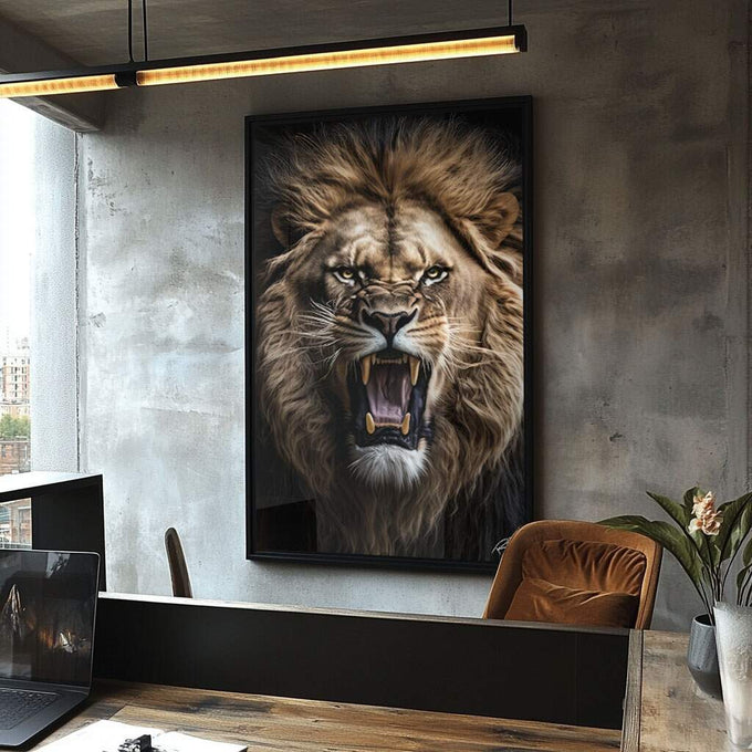 Quadro Decorativo: Majestade do Leão Selvagem - quadros decorativos para sala 1 Tela Vertical, 3 Telas - em ambiente decorado