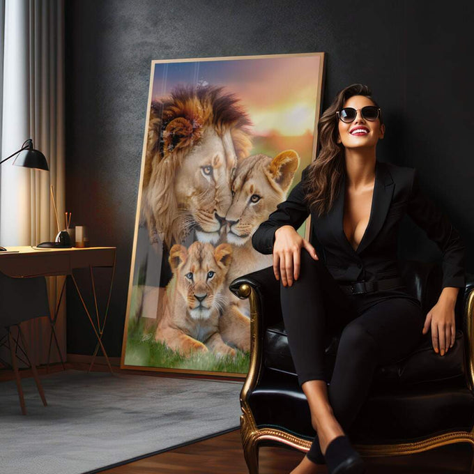 Quadro Decorativo Serenidade Familiar dos Leões - quadros decorativos para sala 1 Tela Vertical, 3 Telas - em quarto contemporaneo