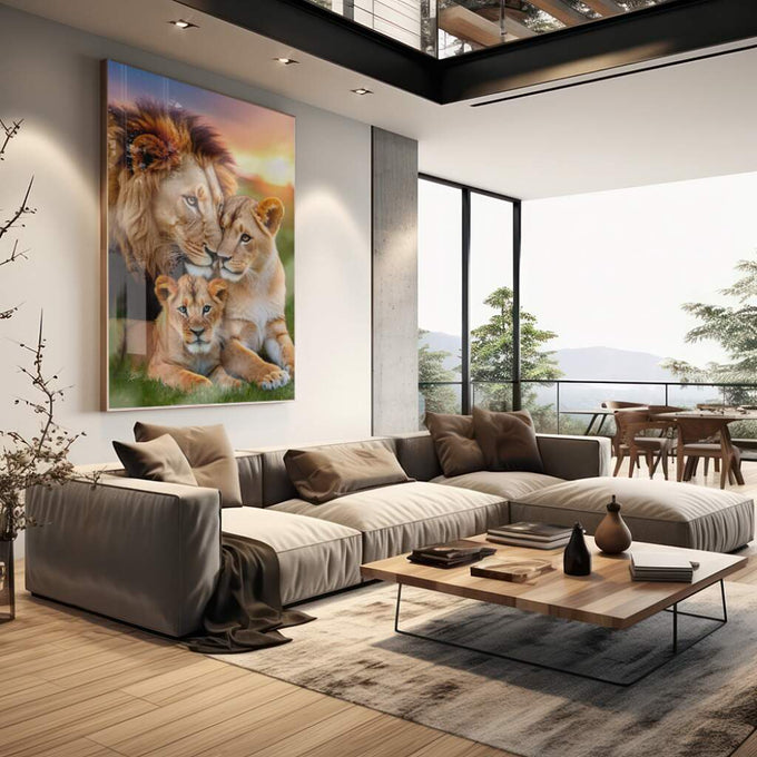 Quadro Decorativo Serenidade Familiar dos Leões - quadros decorativos para sala 1 Tela Vertical, 3 Telas - em living room premium