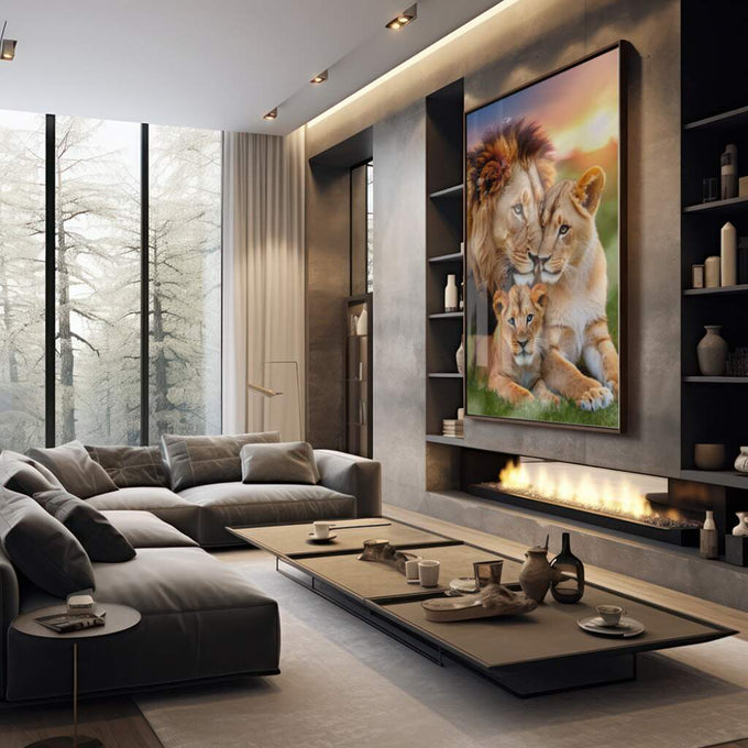 Quadro Decorativo Serenidade Familiar dos Leões - quadros decorativos 1 Tela Vertical, 3 Telas - em sala moderna