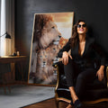 Leão, leoa e dois filhotes juntos com pôr do sol dourado ao fundo, quadro decorativo