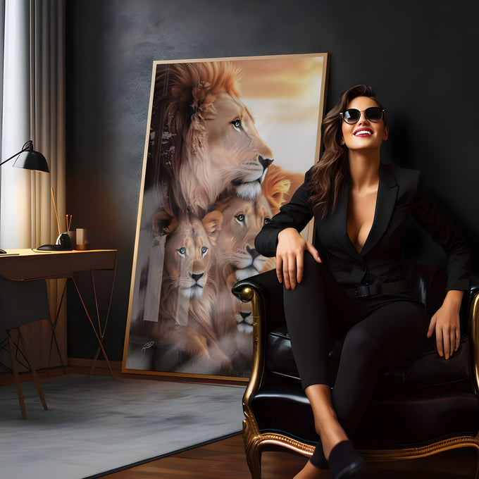 Leão, leoa e dois filhotes juntos com pôr do sol dourado ao fundo, quadro decorativo