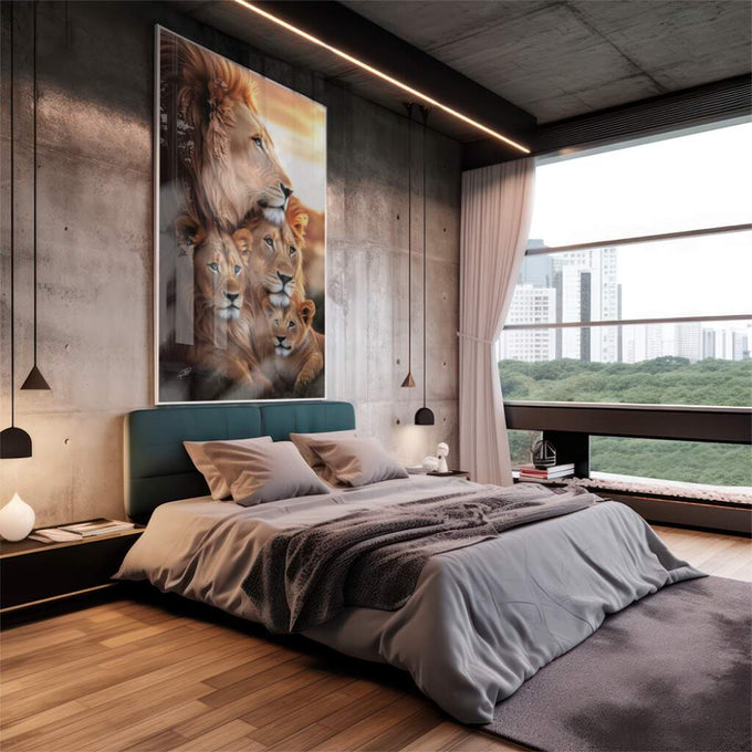 Quadro Decorativo Família de Leões: União e Força - quadros decorativos 1 Tela Vertical, 3 Telas - em escritorio elegante
