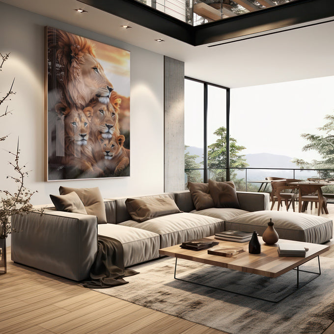 Quadro Decorativo Família de Leões: União e Força - quadros decorativos para sala 1 Tela Vertical, 3 Telas - em living room premium