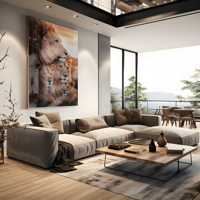 Leão, leoa e dois filhotes juntos com pôr do sol dourado ao fundo, quadro decorativo