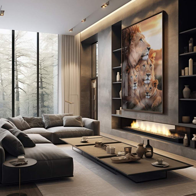 Quadro Decorativo Família de Leões: União e Força - quadros decorativos 1 Tela Vertical, 3 Telas - em sala moderna