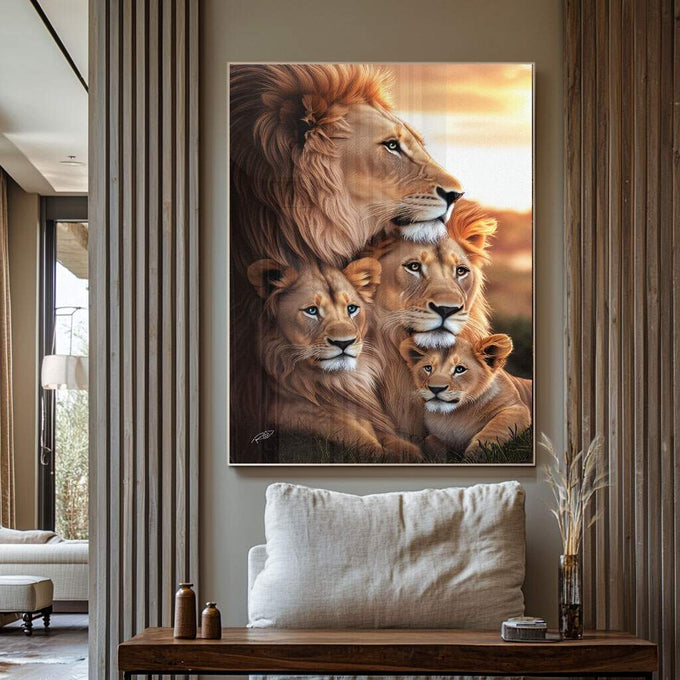 Quadro Decorativo Família de Leões: União e Força - quadros decorativos para sala 1 Tela Vertical, 3 Telas - em ambiente decorado