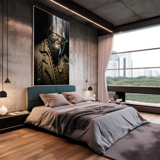 Quadro Decorativo Poderoso Gorila: Imponência Natural - quadros decorativos 1 Tela Vertical, 3 Telas - em sala moderna