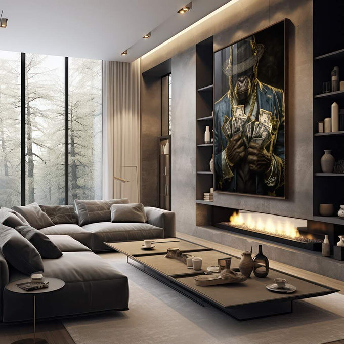 Quadro Decorativo Chimpanzé Gangster - Domine o Estilo - quadros decorativos 1 Tela Vertical, 3 Telas - em sala moderna