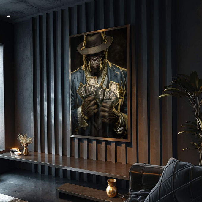 Quadro Decorativo Chimpanzé Gangster - Domine o Estilo - quadros decorativos para sala 1 Tela Vertical, 3 Telas - em ambiente decorado