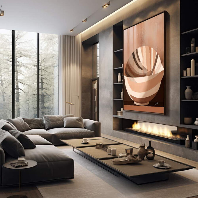 Quadro Decorativo: Inspiração Abstrata em Cores Quentes - quadros decorativos 1 Tela Vertical, 3 Telas - em sala moderna