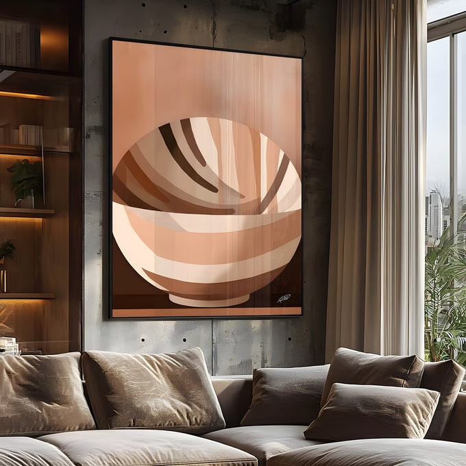 Tigela abstrata com listras em bege, marrom e creme sobre fundo terroso, quadro decorativo