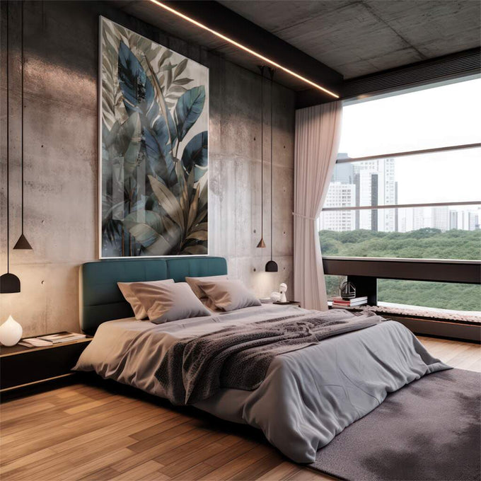 Quadro Decorativo Folhas Tropicais: Toque de Luxo e Natureza - quadros decorativos para sala 1 Tela Vertical, 3 Telas - em quarto contemporaneo