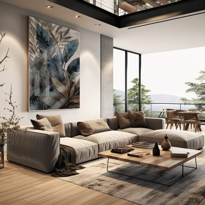 Quadro Decorativo Folhas Tropicais: Toque de Luxo e Natureza - quadros decorativos 1 Tela Vertical, 3 Telas - em escritorio elegante