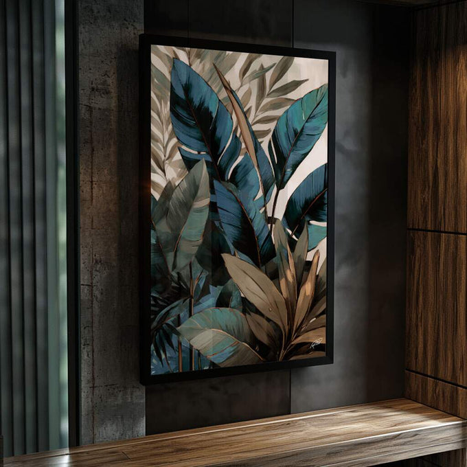 Quadro Decorativo Folhas Tropicais: Toque de Luxo e Natureza - quadros decorativos para sala 1 Tela Vertical, 3 Telas - em ambiente decorado