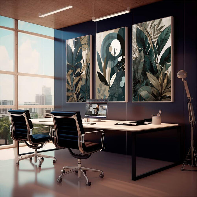 Quadro Decorativo: Folhas Terrosas, Encanto Natural - quadros decorativos 1 Tela Vertical, 3 Telas - em escritorio elegante