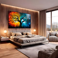 Árvore da vida entre sol laranja e lua azul, dia e noite em pintura vibrante, quadro decorativo