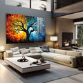 Árvore da vida entre sol laranja e lua azul, dia e noite em pintura vibrante, quadro decorativo
