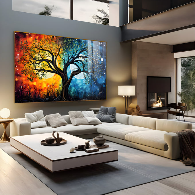 Árvore da vida entre sol laranja e lua azul, dia e noite em pintura vibrante, quadro decorativo