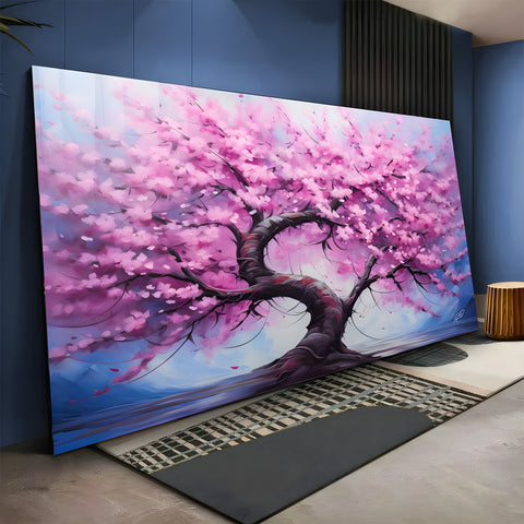 Árvore cerejeira de tronco retorcido coberta de flores rosa sobre fundo azul, quadro decorativo