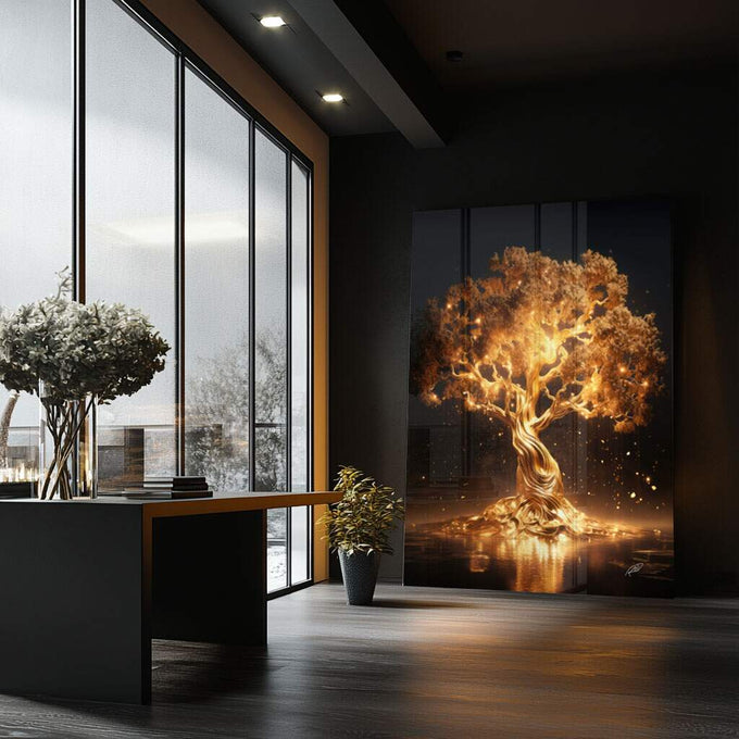 Quadro Decorativo Esplendor Dourado: Toque de Luxo - quadros decorativos para sala 1 Tela Vertical, 3 Telas - em ambiente decorado