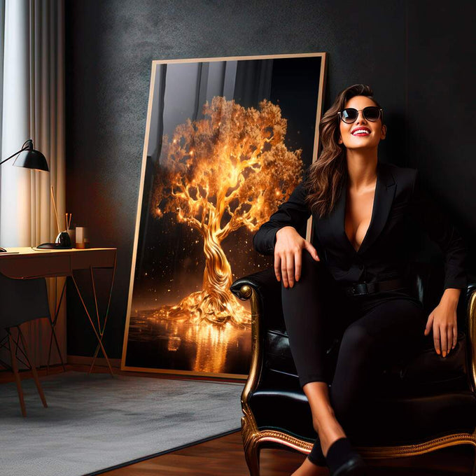 Quadro Decorativo Esplendor Dourado: Toque de Luxo - quadros decorativos 1 Tela Vertical, 3 Telas - em sala moderna