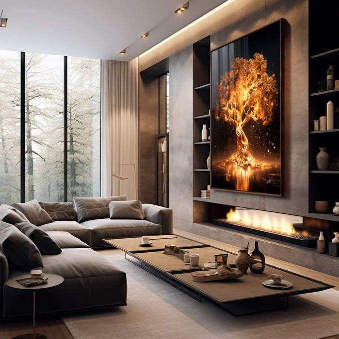 Quadro Decorativo Esplendor Dourado: Toque de Luxo - quadros decorativos para sala 1 Tela Vertical, 3 Telas - em living room premium