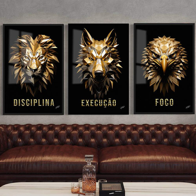 Quadro Decorativo Inspiração: Disciplina e Foco - quadros decorativos para sala 1 Tela Vertical, 3 Telas - em ambiente decorado