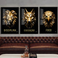 Leão, lobo e águia geométricos dourados em fundo preto com Disciplina, Execução e Foco quadro decorativo
