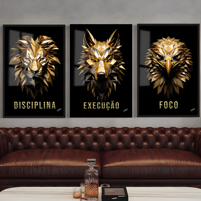 Leão, lobo e águia geométricos dourados em fundo preto com Disciplina, Execução e Foco quadro decorativo