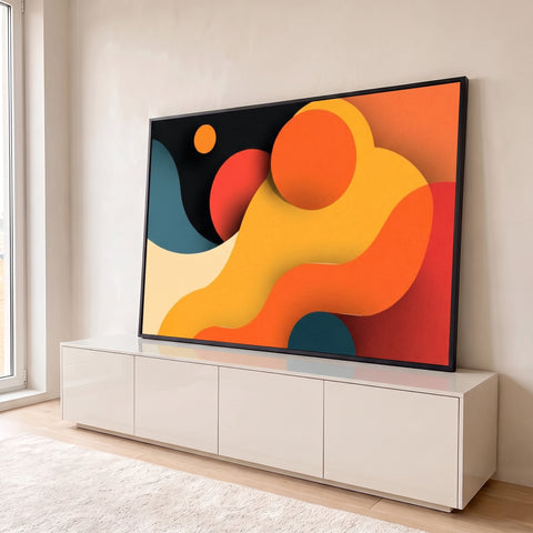 Abstrato com ondas e círculos em laranja, amarelo, vermelho, azul e preto, quadro decorativo