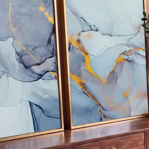 Díptico abstrato em tons de azul com veios dourados em efeito de tinta fluida, quadro decorativo