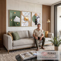 Três telas abstratas verdes com esferas douradas, arco dourado e mármore preto e branco, quadro decorativo