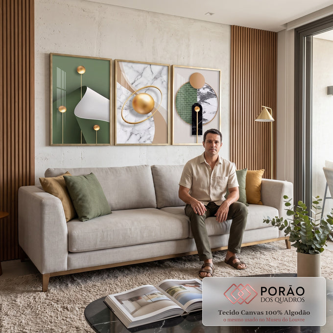 Três telas abstratas verdes com esferas douradas, arco dourado e mármore preto e branco, quadro decorativo