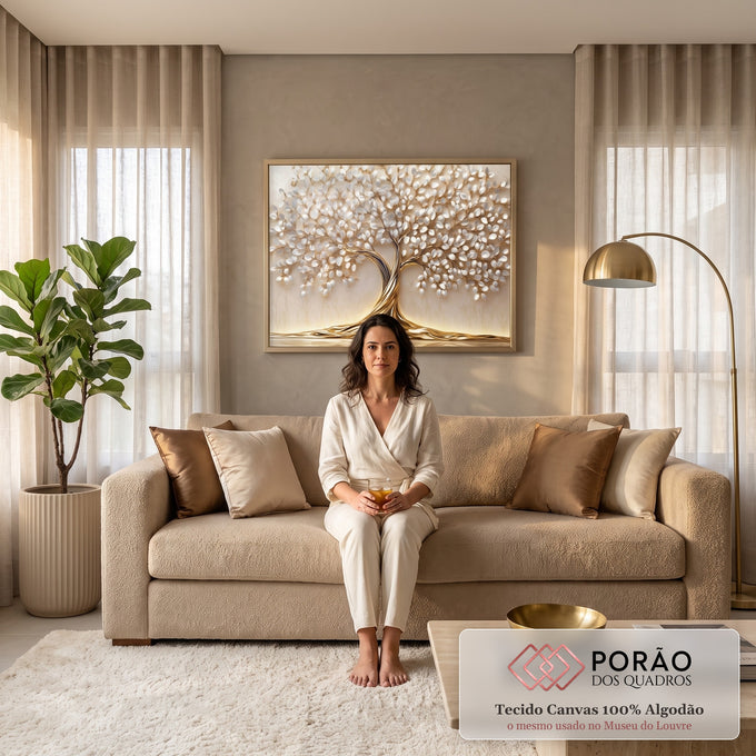 Árvore da vida com tronco dourado retorcido e folhas brancas em relevo sobre fundo creme, quadro decorativo