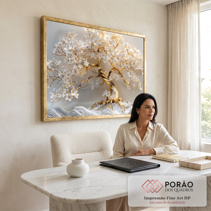 Árvore da vida dourada com flores brancas em relevo 3D sobre ondas brancas, quadro decorativo