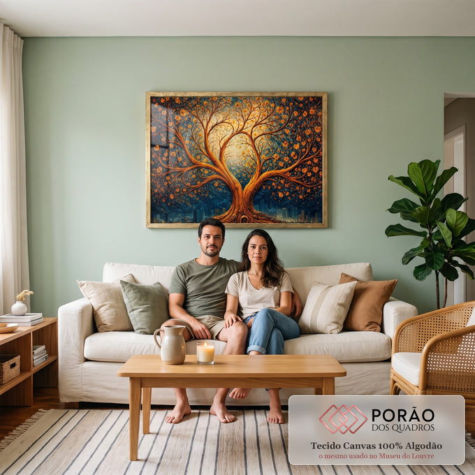 Árvore da vida laranja com flores sob céu azul em espiral e cidade noturna, quadro decorativo